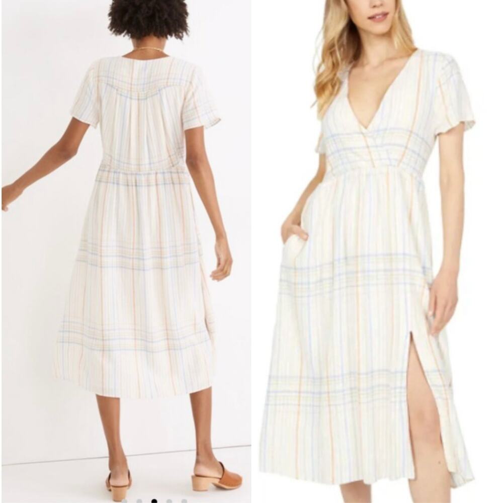 🔥Madewell Clara Plaid Linen Blend Midi Dress In Muted Blush Size S